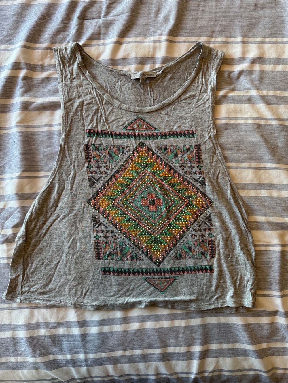 Charlotte Russe Gray Tank with Colorful Beaded Geometric Print